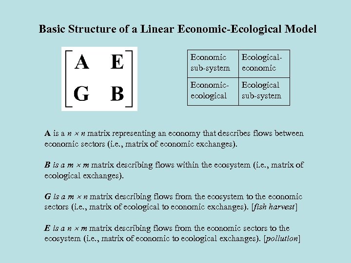 Basic Structure of a Linear Economic-Ecological Model Economic sub-system Ecologicaleconomic Economicecological Ecological sub-system A