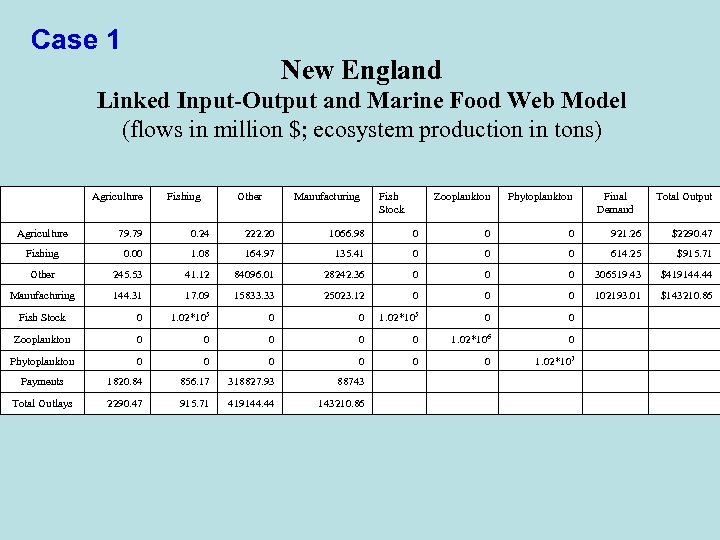 Case 1 New England Linked Input-Output and Marine Food Web Model (flows in million