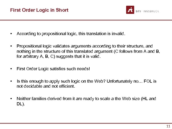 First Order Logic in Short • According to propositional logic, this translation is invalid.