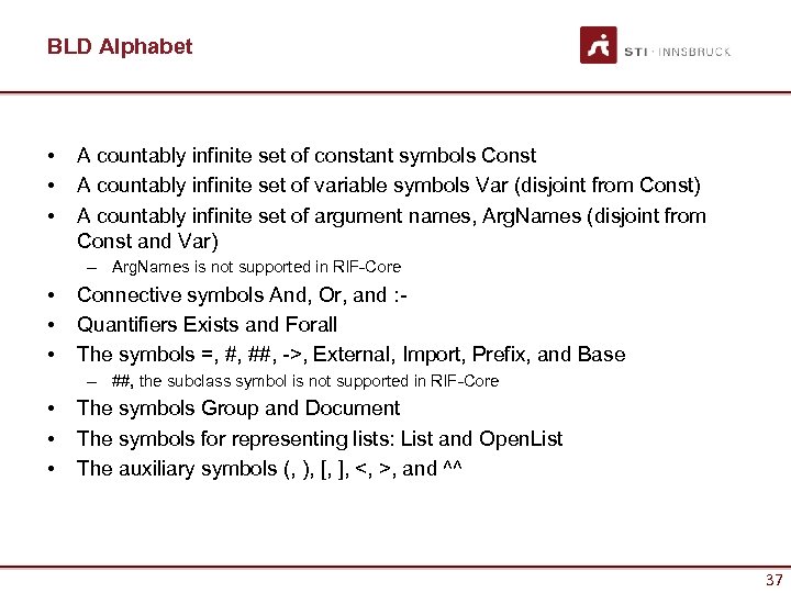 BLD Alphabet • • • A countably infinite set of constant symbols Const A