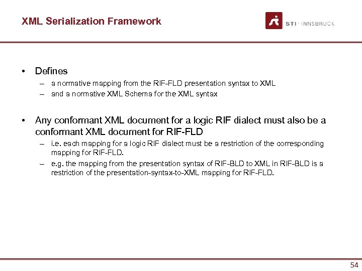 XML Serialization Framework • Defines – a normative mapping from the RIF-FLD presentation syntax