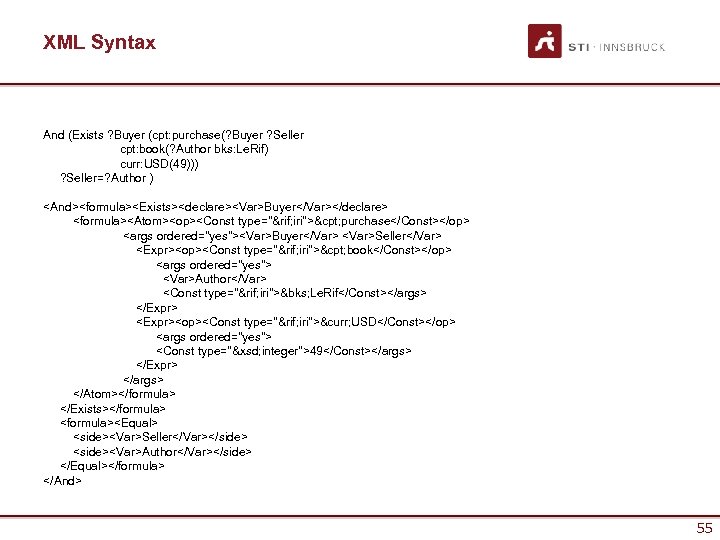 XML Syntax And (Exists ? Buyer (cpt: purchase(? Buyer ? Seller cpt: book(? Author