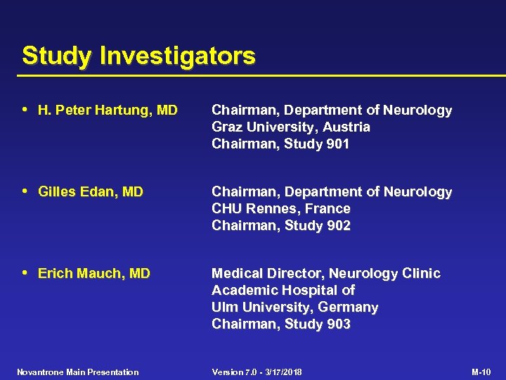 Study Investigators • H. Peter Hartung, MD Chairman, Department of Neurology Graz University, Austria