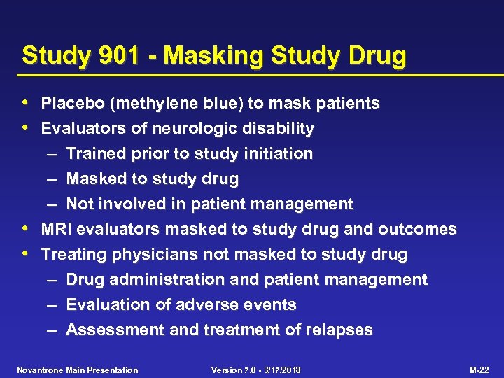 Study 901 - Masking Study Drug • Placebo (methylene blue) to mask patients •