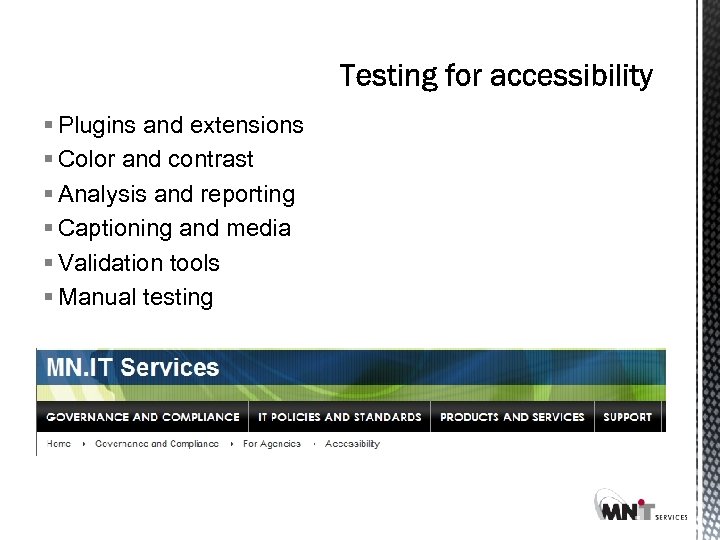 § Plugins and extensions § Color and contrast § Analysis and reporting § Captioning