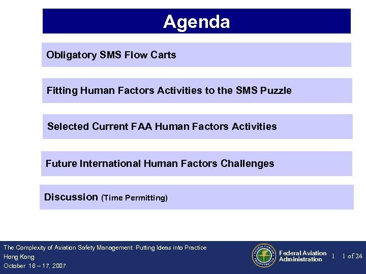 Agenda Obligatory SMS Flow Carts Fitting Human Factors Activities to the SMS Puzzle Selected