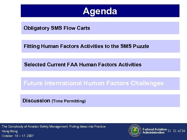 Agenda Obligatory SMS Flow Carts Fitting Human Factors Activities to the SMS Puzzle Selected