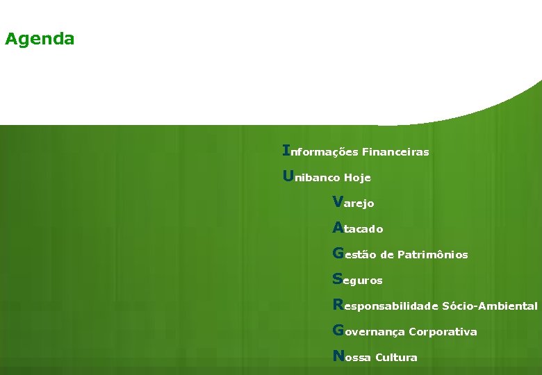 Agenda Informações Financeiras Unibanco Hoje Varejo Retrospectiva Atacado Gestão de Patrimônios Seguros Responsabilidade Sócio-Ambiental