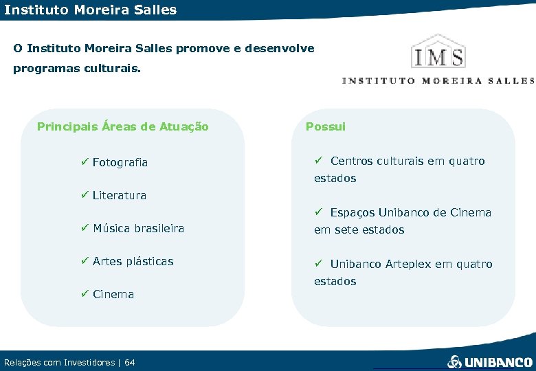 Instituto Moreira Salles O Instituto Moreira Salles promove e desenvolve programas culturais. Principais Áreas