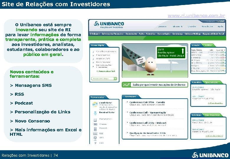 Site de Relações com Investidores www. ri. unibanco. com. br O Unibanco está sempre