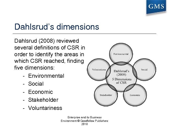 Dahlsrud’s dimensions Dahlsrud (2008) reviewed several definitions of CSR in order to identify the