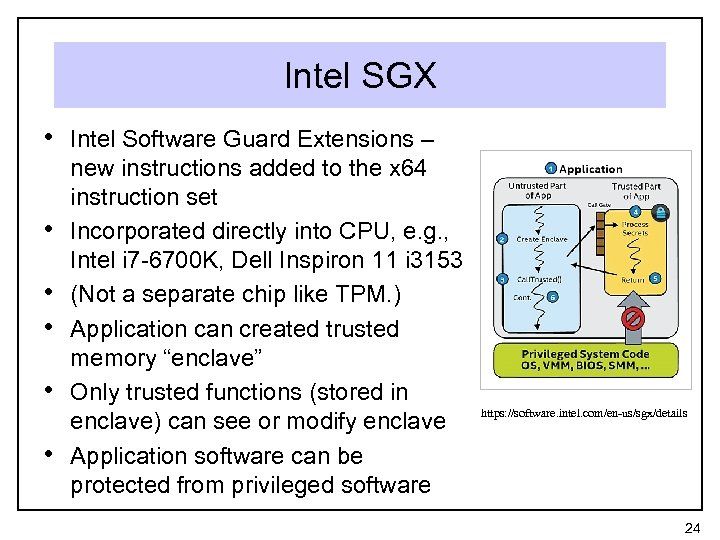 Intel SGX • Intel Software Guard Extensions – • • • new instructions added