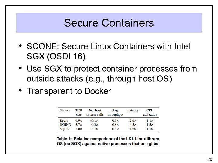Secure Containers • SCONE: Secure Linux Containers with Intel • • SGX (OSDI 16)