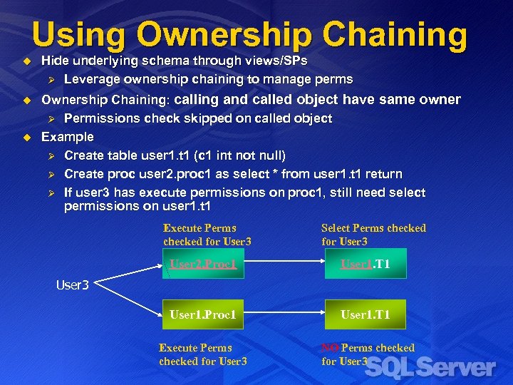 Using Ownership Chaining u Hide underlying schema through views/SPs Ø Leverage ownership chaining to