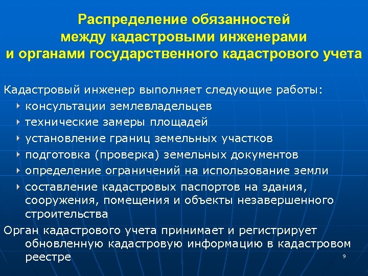 Распределение обязанностей между кадастровыми инженерами и органами государственного кадастрового учета Кадастровый инженер выполняет следующие