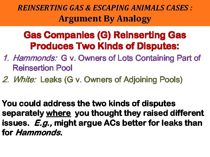 REINSERTING GAS & ESCAPING ANIMALS CASES : Argument By Analogy Gas Companies (G) Reinserting