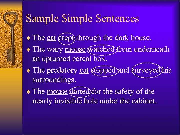 Sample Simple Sentences ¨ The cat crept through the dark house. ¨ The wary