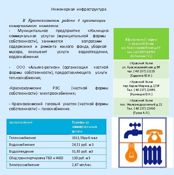 Инженерная инфраструктура В Краснохолмском районе 4 организации коммунального комплекса: - Муниципальное предприятие «Жилищнокоммунальная услуга»