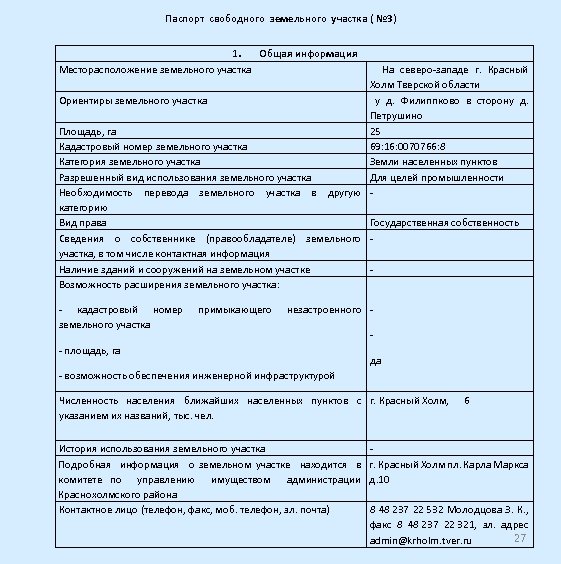 Паспорт свободного земельного участка ( № 3) 1. Общая информация Месторасположение земельного участка На