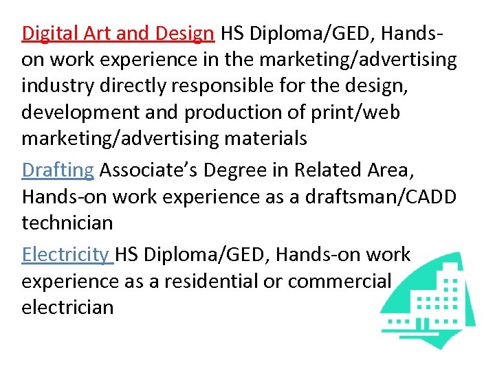 Digital Art and Design HS Diploma/GED, Handson work experience in the marketing/advertising industry directly