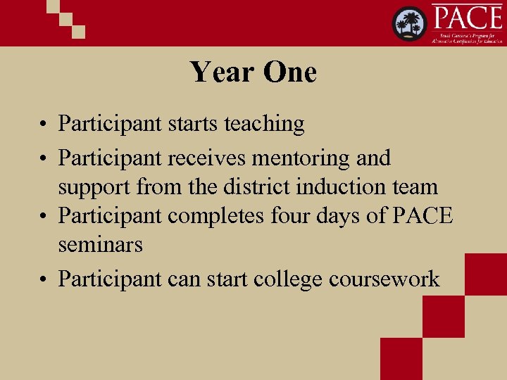 Year One • Participant starts teaching • Participant receives mentoring and support from the