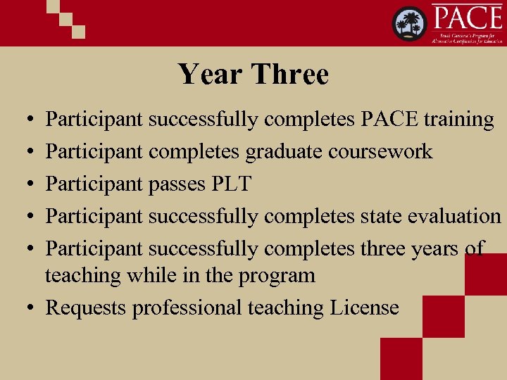 Year Three • • • Participant successfully completes PACE training Participant completes graduate coursework