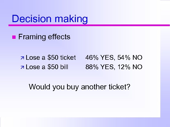 Decision making Framing effects Lose a $50 ticket Lose a $50 bill 46% YES,