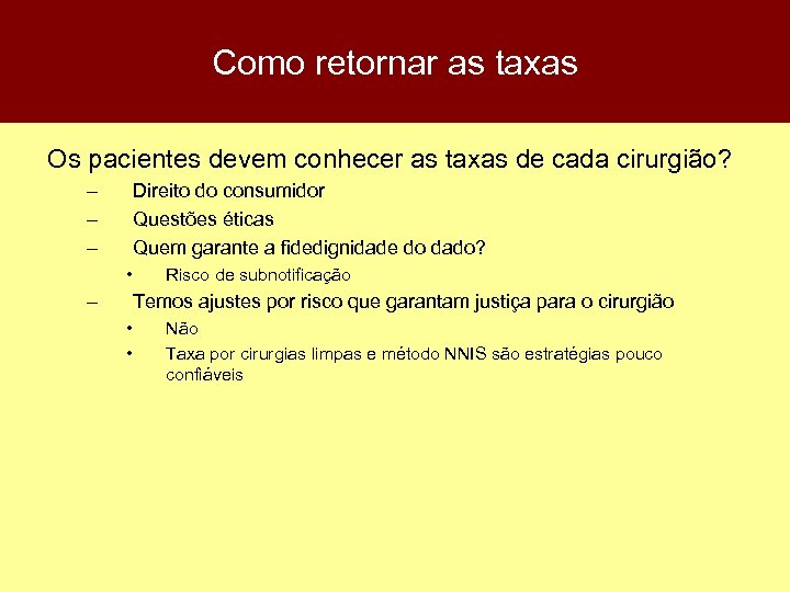 Como retornar as taxas Os pacientes devem conhecer as taxas de cada cirurgião? –