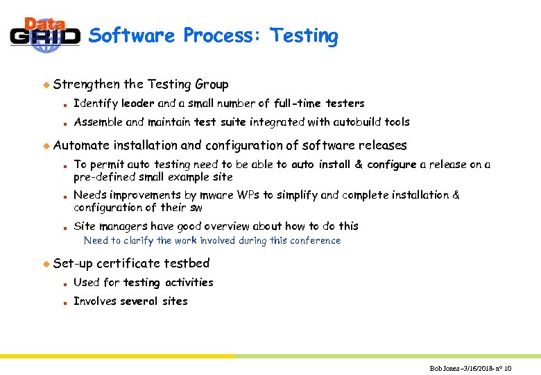 Software Process: Testing u Strengthen the Testing Group n Identify leader and a small