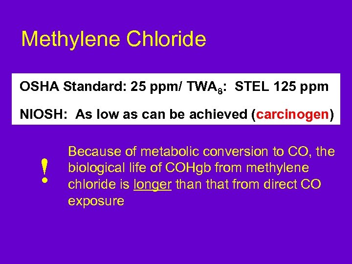 Methylene Chloride OSHA Standard: 25 ppm/ TWA 8: STEL 125 ppm NIOSH: As low