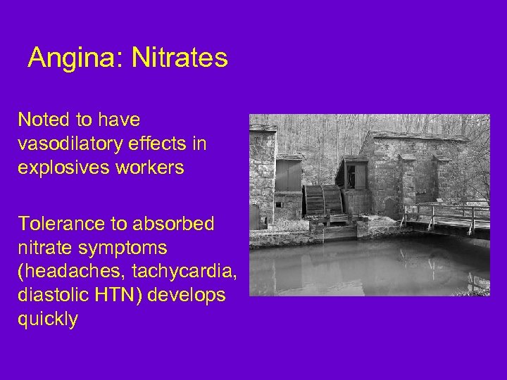 Angina: Nitrates Noted to have vasodilatory effects in explosives workers Tolerance to absorbed nitrate