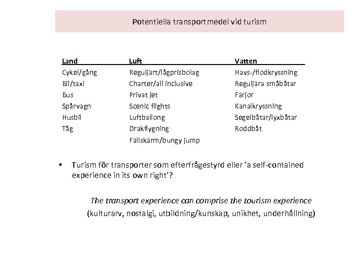 Potentiella transportmedel vid turism Land Cykel/gång Bil/taxi Bus Spårvagn Husbil Tåg • Luft Reguljärt/lågprisbolag