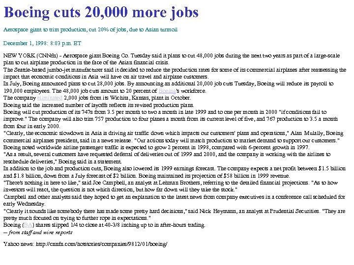 Boeing cuts 20, 000 more jobs Aerospace giant to trim production, cut 20% of