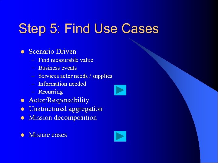 Step 5: Find Use Cases l Scenario Driven – – – Find measurable value