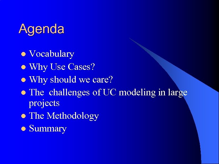 Agenda Vocabulary l Why Use Cases? l Why should we care? l The challenges