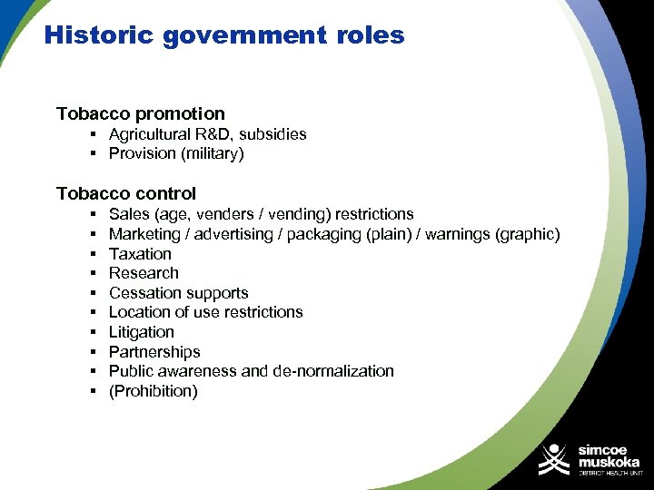 Historic government roles Tobacco promotion § Agricultural R&D, subsidies § Provision (military) Tobacco control