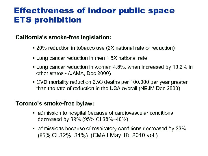 Effectiveness of indoor public space ETS prohibition California’s smoke-free legislation: § 20% reduction in
