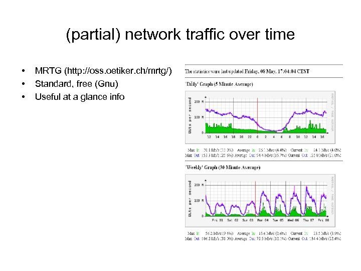 (partial) network traffic over time • • • MRTG (http: //oss. oetiker. ch/mrtg/) Standard,