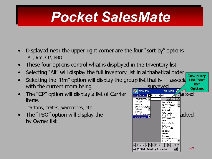 Pocket Sales. Mate • Displayed near the upper right corner are the four “sort