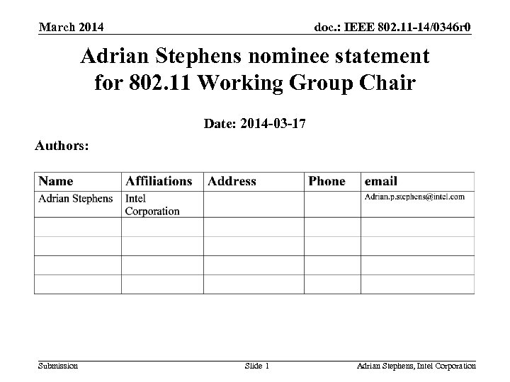 doc. : IEEE 802. 11 -14/0346 r 0 March 2014 Adrian Stephens nominee statement