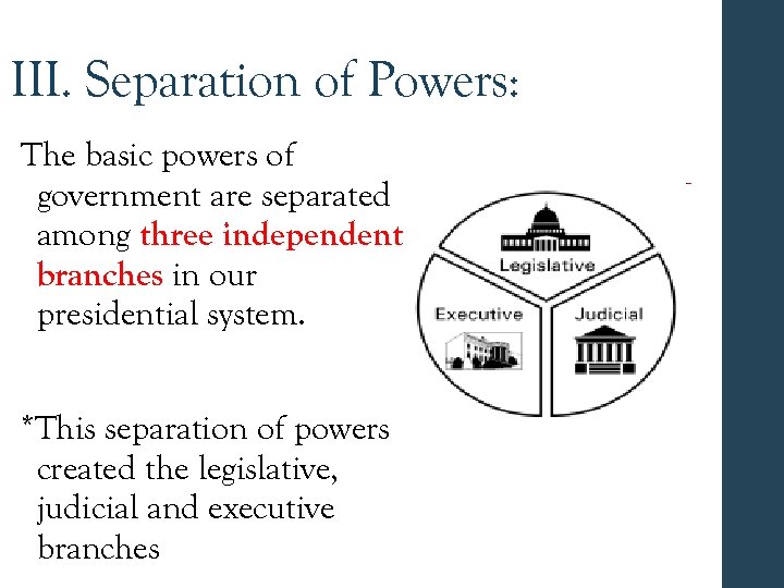 III. Separation of Powers: The basic powers of government are separated among three independent