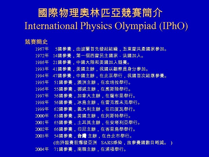 國際物理奧林匹亞競賽簡介 International Physics Olympiad (IPh. O) 競賽簡史 1967年　 5國參賽，由波蘭首先發起組織，五東歐共產國家參加。 1972年　14國參賽，第一個西歐民主國家－法國加入。 1986年　21國參賽，中國大陸和美國加入競賽。 1993年　41國參賽，美國主辦，我國以觀察員身分參加。 1994年　47國參賽，中國主辦，在北京舉行，我國首次組隊參賽。 1995年