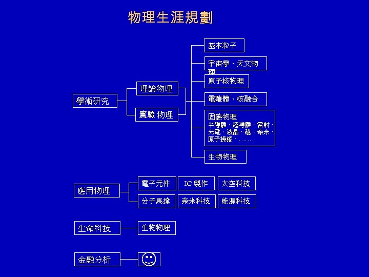 物理生涯規劃 基本粒子 宇宙學、天文物 理 原子核物理 理論物理 電離體、核融合 學術研究 實驗 物理 固態物理 半導體、超導體、雷射、 光電、液晶、磁、奈米、 原子操縱、……