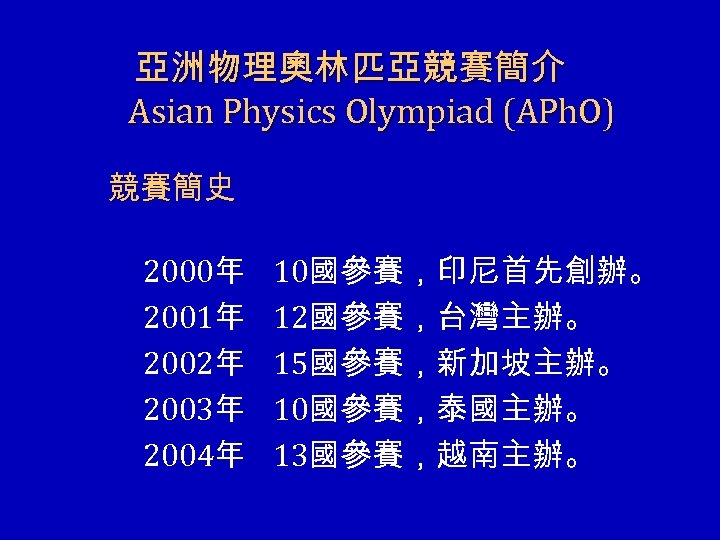 亞洲物理奧林匹亞競賽簡介 Asian Physics Olympiad (APh. O) 競賽簡史 2000年　10國參賽，印尼首先創辦。 2001年　12國參賽，台灣主辦。 2002年　15國參賽，新加坡主辦。 2003年　10國參賽，泰國主辦。 2004年　13國參賽，越南主辦。 