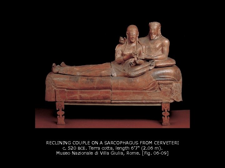 RECLINING COUPLE ON A SARCOPHAGUS FROM CERVETERI c. 520 BCE. Terra cotta, length 6'7"