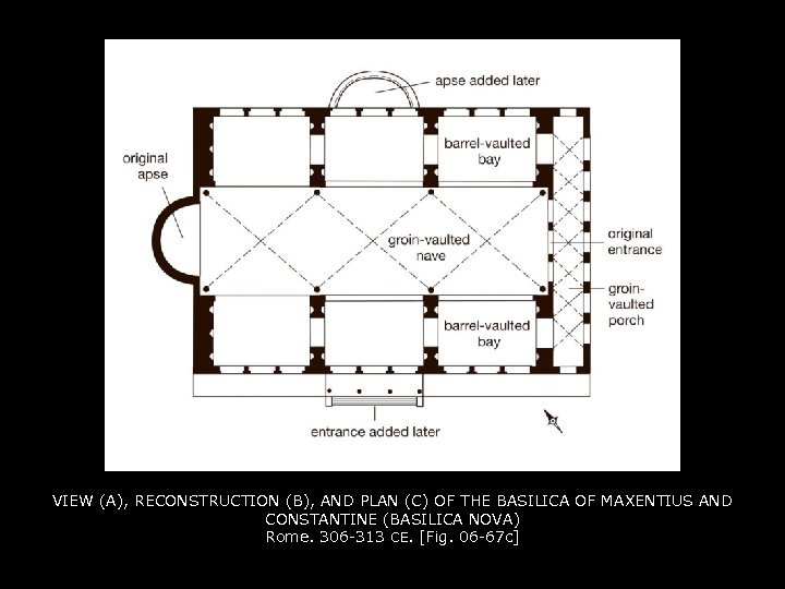 VIEW (A), RECONSTRUCTION (B), AND PLAN (C) OF THE BASILICA OF MAXENTIUS AND CONSTANTINE