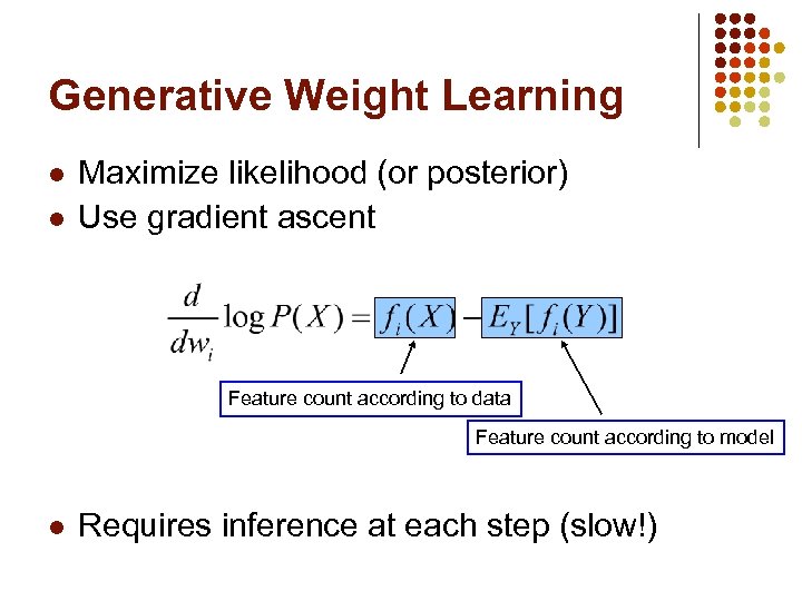 Generative Weight Learning l l Maximize likelihood (or posterior) Use gradient ascent Feature count