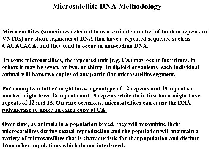 Microsatellite DNA Methodology Microsatellites (sometimes referred to as a variable number of tandem repeats