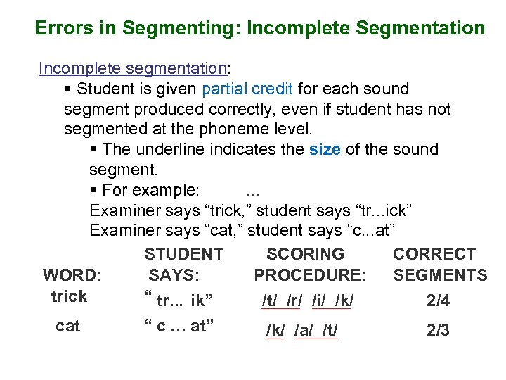 Errors in Segmenting: Incomplete Segmentation Incomplete segmentation: § Student is given partial credit for