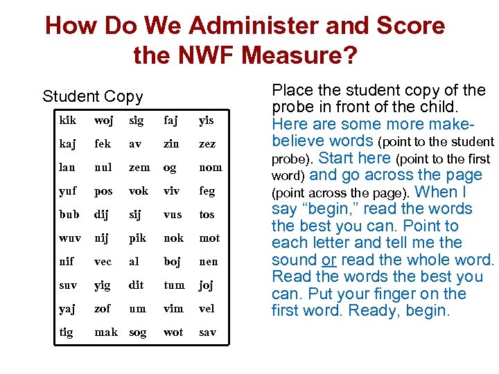 How Do We Administer and Score the NWF Measure? Student Copy kik woj sig